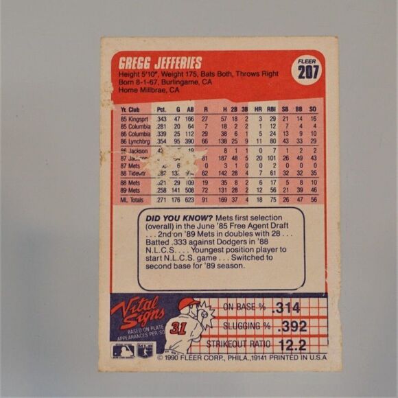 1990 Fleer #207 Greg Jeffries New York Mets Second Base Baseball Card - Picture 2 of 2